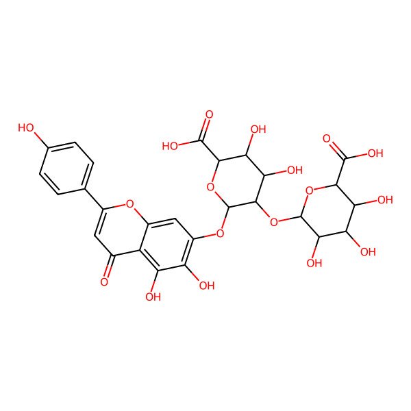 2D Structure of 5,6-Dihydroxy-2-(4-hydroxyphenyl)-4-oxo-4H-1-benzopyran-7-yl 2-O-beta-D-glucopyranuronosyl-beta-D-glucopyranosiduronic acid