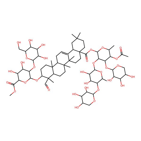 2D Structure of methyl (2R,3R,4S,5R,6S)-6-[[(3R,4S,4aR,6aS,6bR,8aR,12aR,14aR,14bS)-8a-[(2R,3R,4S,5R,6S)-5-acetyloxy-3-[(2R,3R,4S,5S,6R)-3,4-dihydroxy-6-methyl-5-[(2R,3R,4S,5S)-3,4,5-trihydroxyoxan-2-yl]oxyoxan-2-yl]oxy-6-methyl-4-[(2S,3S,4R,5S)-3,4,5-trihydroxyoxan-2-yl]oxyoxan-2-yl]oxycarbonyl-4-formyl-4,6a,6b,11,11,14b-hexamethyl-1,2,3,4a,5,6,7,8,9,10,12,12a,14,14a-tetradecahydropicen-3-yl]oxy]-3,4-dihydroxy-5-[(2R,3R,4S,5S,6S)-3,4,5-trihydroxy-6-(hydroxymethyl)oxan-2-yl]oxyoxane-2-carboxylate
