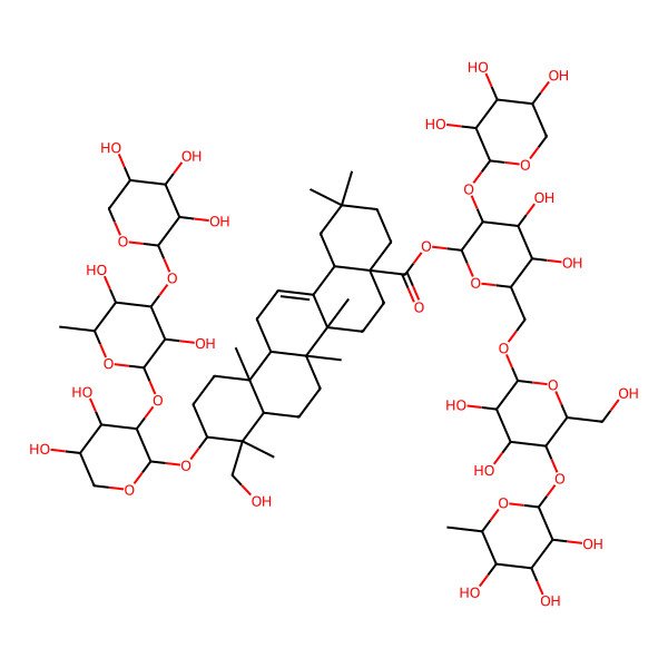 2D Structure of [(2S,3R,4S,5S,6R)-6-[[(2R,3R,4R,5S,6R)-3,4-dihydroxy-6-(hydroxymethyl)-5-[(2S,3R,4R,5R,6S)-3,4,5-trihydroxy-6-methyloxan-2-yl]oxyoxan-2-yl]oxymethyl]-4,5-dihydroxy-3-[(2S,3R,4S,5R)-3,4,5-trihydroxyoxan-2-yl]oxyoxan-2-yl] (4aS,6aR,6aS,6bR,8aR,9R,10S,12aR,14bS)-10-[(2S,3R,4S,5S)-3-[(2S,3R,4R,5S,6S)-3,5-dihydroxy-6-methyl-4-[(2S,3R,4S,5R)-3,4,5-trihydroxyoxan-2-yl]oxyoxan-2-yl]oxy-4,5-dihydroxyoxan-2-yl]oxy-9-(hydroxymethyl)-2,2,6a,6b,9,12a-hexamethyl-1,3,4,5,6,6a,7,8,8a,10,11,12,13,14b-tetradecahydropicene-4a-carboxylate