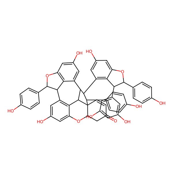 2D Structure of (1R,2R,3R,4R,11R,12R,19S,24S)-3-[(2R,3R)-3-(3,5-dihydroxyphenyl)-6-hydroxy-2-(4-hydroxyphenyl)-2,3-dihydro-1-benzofuran-4-yl]-7,15-dihydroxy-2,11-bis(4-hydroxyphenyl)-10,18-dioxaheptacyclo[11.10.2.15,9.01,19.04,24.017,25.012,26]hexacosa-5(26),6,8,13(25),14,16,22-heptaen-21-one