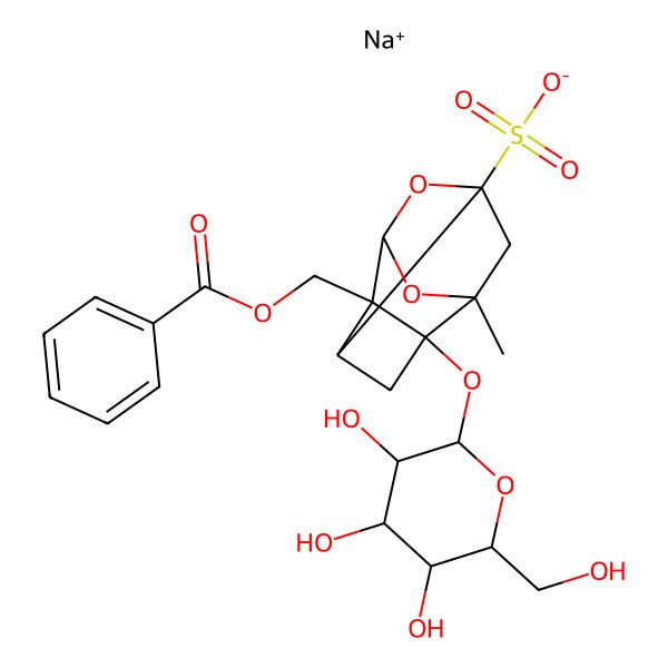 2D Structure of sodium (1R,2S,3R,5R,6S,8S)-2-(benzoyloxymethyl)-8-methyl-3-[(2S,3R,4S,5S,6R)-3,4,5-trihydroxy-6-(hydroxymethyl)oxan-2-yl]oxy-9,10-dioxatetracyclo[4.3.1.02,5.03,8]decane-6-sulfonate