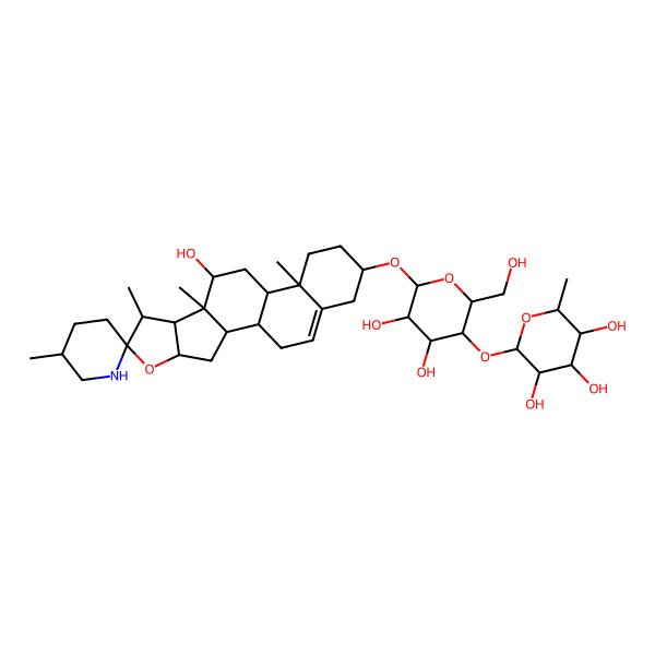2D Structure of (2S,3R,4R,5R,6S)-2-[(2R,3S,4R,5R,6R)-4,5-dihydroxy-2-(hydroxymethyl)-6-[(1R,2S,4S,5'R,6S,7S,8R,9S,10R,12S,13R,16S)-10-hydroxy-5',7,9,13-tetramethylspiro[5-oxapentacyclo[10.8.0.02,9.04,8.013,18]icos-18-ene-6,2'-piperidine]-16-yl]oxyoxan-3-yl]oxy-6-methyloxane-3,4,5-triol