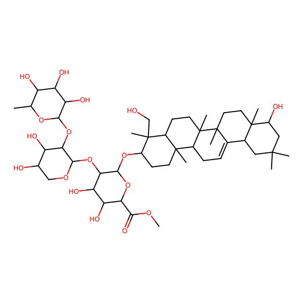 2D Structure of methyl (2S,3S,4S,5R,6R)-6-[[(3S,4S,4aR,6aR,6bS,8aR,9R,12aS,14aR,14bR)-9-hydroxy-4-(hydroxymethyl)-4,6a,6b,8a,11,11,14b-heptamethyl-1,2,3,4a,5,6,7,8,9,10,12,12a,14,14a-tetradecahydropicen-3-yl]oxy]-5-[(2S,3R,4S,5S)-4,5-dihydroxy-3-[(2S,3R,4R,5R,6S)-3,4,5-trihydroxy-6-methyloxan-2-yl]oxyoxan-2-yl]oxy-3,4-dihydroxyoxane-2-carboxylate