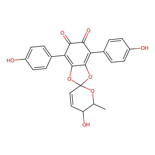 2D Structure of (2'R,3'S)-3'-hydroxy-4,7-bis(4-hydroxyphenyl)-2'-methylspiro[1,3-benzodioxole-2,6'-2,3-dihydropyran]-5,6-dione
