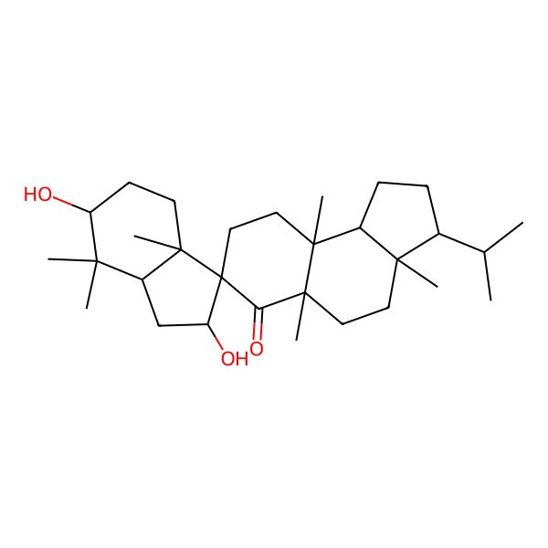 2D Structure of (2'S,3R,3aR,3'aS,5aS,6'S,7S,7'aR,9aS,9bR)-2',6'-dihydroxy-3a,3'a,5a,7',7',9a-hexamethyl-3-propan-2-ylspiro[1,2,3,4,5,8,9,9b-octahydrocyclopenta[a]naphthalene-7,3'-1,2,4,5,6,7a-hexahydroindene]-6-one