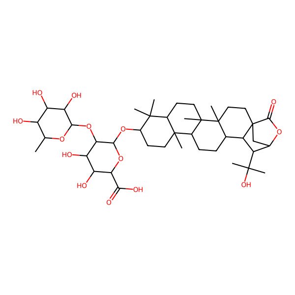 2D Structure of (2S,3S,4S,5R,6R)-3,4-dihydroxy-6-[[(1R,4R,5R,8R,10S,13R,14R,17R,18S,19S,20S)-19-(2-hydroxypropan-2-yl)-4,5,9,9,13-pentamethyl-22-oxo-21-oxahexacyclo[18.2.1.01,18.04,17.05,14.08,13]tricosan-10-yl]oxy]-5-[(2S,3R,4R,5R,6S)-3,4,5-trihydroxy-6-methyloxan-2-yl]oxyoxane-2-carboxylic acid