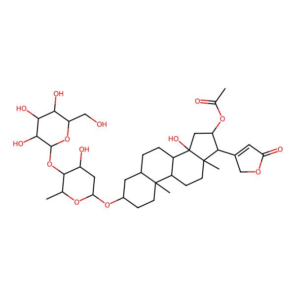 2D Structure of [(3S,5R,8R,9S,10S,13R,14S,16S,17R)-14-hydroxy-3-[(2R,4R,5S,6R)-4-hydroxy-6-methyl-5-[(2S,3R,4S,5S,6R)-3,4,5-trihydroxy-6-(hydroxymethyl)oxan-2-yl]oxyoxan-2-yl]oxy-10,13-dimethyl-17-(5-oxo-2H-furan-3-yl)-1,2,3,4,5,6,7,8,9,11,12,15,16,17-tetradecahydrocyclopenta[a]phenanthren-16-yl] acetate
