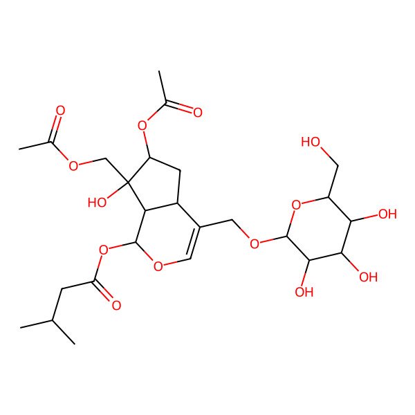 2D Structure of [(1S,4aS,6S,7R,7aS)-6-acetyloxy-7-(acetyloxymethyl)-7-hydroxy-4-[[(2R,3R,4S,5S,6R)-3,4,5-trihydroxy-6-(hydroxymethyl)oxan-2-yl]oxymethyl]-4a,5,6,7a-tetrahydro-1H-cyclopenta[c]pyran-1-yl] 3-methylbutanoate