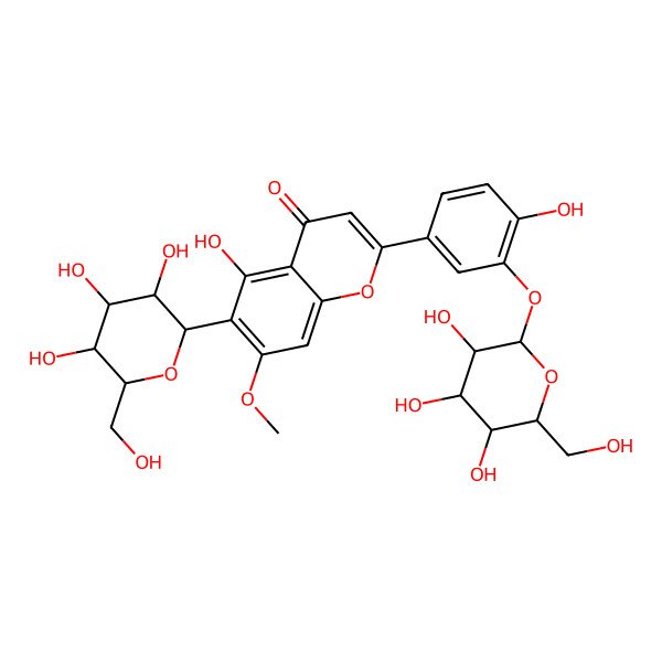 2D Structure of 5-hydroxy-2-[4-hydroxy-3-[(2S,3R,4R,5S,6R)-3,4,5-trihydroxy-6-(hydroxymethyl)oxan-2-yl]oxyphenyl]-7-methoxy-6-[(2S,3R,4R,5S,6R)-3,4,5-trihydroxy-6-(hydroxymethyl)oxan-2-yl]chromen-4-one