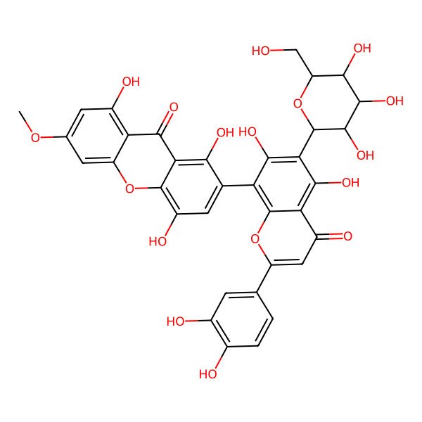 2D Structure of 2-(2-(3,4-Dihydroxyphenyl)-6-beta-D-glucopyranosyl-5,7-dihydroxy-4-oxo-4H-1-benzopyran-8-yl)-1,4,8-trihydroxy-6-methoxy-9H-xanthen-9-one