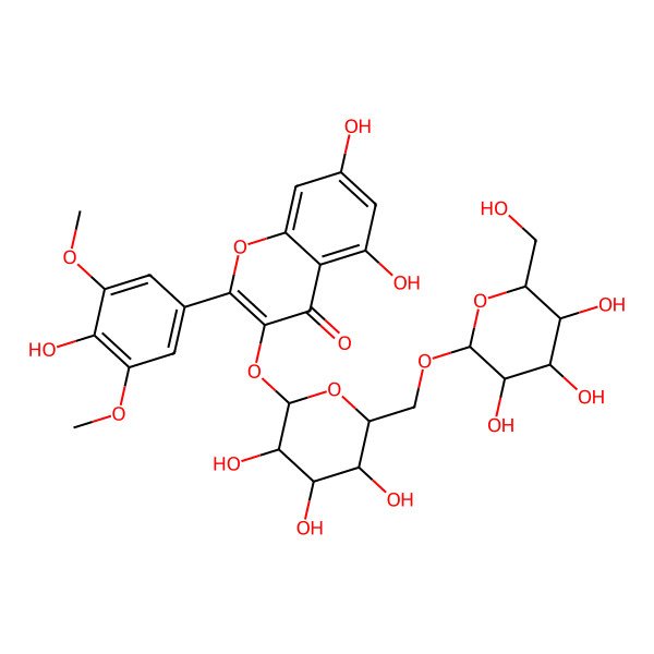 2D Structure of 5,7-dihydroxy-2-(4-hydroxy-3,5-dimethoxyphenyl)-3-[(2S,3R,4S,5S,6R)-3,4,5-trihydroxy-6-[[(2R,3R,4S,5S,6R)-3,4,5-trihydroxy-6-(hydroxymethyl)oxan-2-yl]oxymethyl]oxan-2-yl]oxychromen-4-one