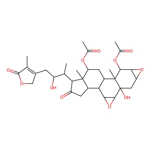 2D Structure of [(1S,2S,4S,5R,7S,9S,10R,11S,12S,14S,15S,16R,19S)-10-acetyloxy-5-hydroxy-16-[(2S,3R)-3-hydroxy-4-(4-methyl-5-oxo-2H-furan-3-yl)butan-2-yl]-11,15-dimethyl-17-oxo-3,8-dioxahexacyclo[10.7.0.02,4.05,11.07,9.015,19]nonadecan-14-yl] acetate