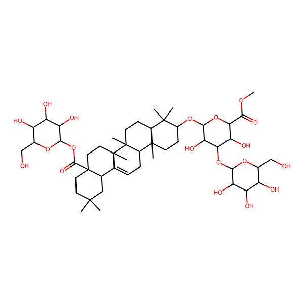2D Structure of methyl (2S,3S,4S,5R,6R)-6-[[(3S,4aR,6aR,6bS,8aS,12aS,14aR,14bR)-4,4,6a,6b,11,11,14b-heptamethyl-8a-[(2S,3R,4S,5S,6R)-3,4,5-trihydroxy-6-(hydroxymethyl)oxan-2-yl]oxycarbonyl-1,2,3,4a,5,6,7,8,9,10,12,12a,14,14a-tetradecahydropicen-3-yl]oxy]-3,5-dihydroxy-4-[(2S,3R,4S,5R,6R)-3,4,5-trihydroxy-6-(hydroxymethyl)oxan-2-yl]oxyoxane-2-carboxylate