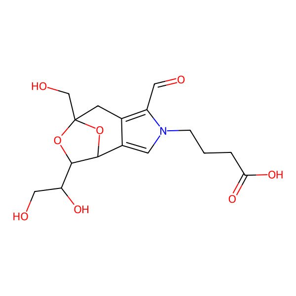 2D Structure of 4-[(1R,8S,10R)-10-[(1R)-1,2-dihydroxyethyl]-5-formyl-8-(hydroxymethyl)-9,11-dioxa-4-azatricyclo[6.2.1.02,6]undeca-2,5-dien-4-yl]butanoic acid