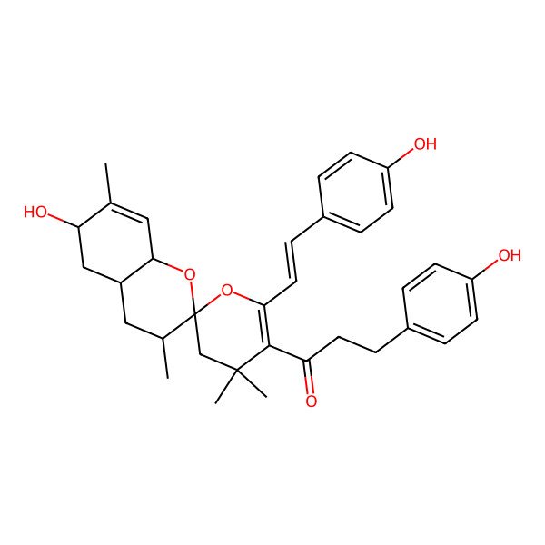 2D Structure of 1-[(3R,6S)-6-hydroxy-6'-[(E)-2-(4-hydroxyphenyl)ethenyl]-3,4',4',7-tetramethylspiro[3,4,4a,5,6,8a-hexahydrochromene-2,2'-3H-pyran]-5'-yl]-3-(4-hydroxyphenyl)propan-1-one