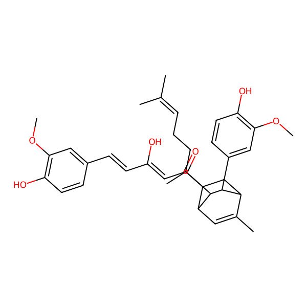 2D Structure of (2Z,4E)-3-hydroxy-5-(4-hydroxy-3-methoxyphenyl)-1-[(2S,3S,7R)-3-(4-hydroxy-3-methoxyphenyl)-5-methyl-7-(6-methylhept-5-en-2-yl)-2-bicyclo[2.2.2]oct-5-enyl]penta-2,4-dien-1-one