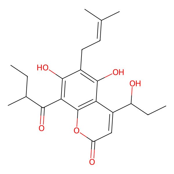 2D Structure of 5,7-dihydroxy-4-[(1S)-1-hydroxypropyl]-8-(2-methylbutanoyl)-6-(3-methylbut-2-enyl)chromen-2-one