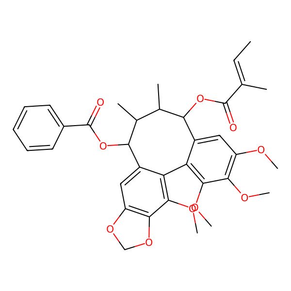 2D Structure of [(8R,9R,10R,11R)-3,4,5,19-tetramethoxy-9,10-dimethyl-8-[(Z)-2-methylbut-2-enoyl]oxy-15,17-dioxatetracyclo[10.7.0.02,7.014,18]nonadeca-1(19),2,4,6,12,14(18)-hexaen-11-yl] benzoate