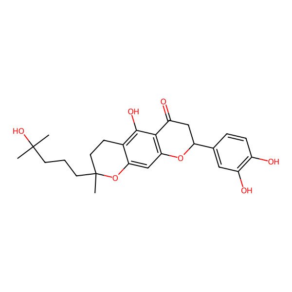2D Structure of (8S)-8-(3,4-dihydroxyphenyl)-5-hydroxy-2-(4-hydroxy-4-methylpentyl)-2-methyl-3,4,7,8-tetrahydropyrano[3,2-g]chromen-6-one