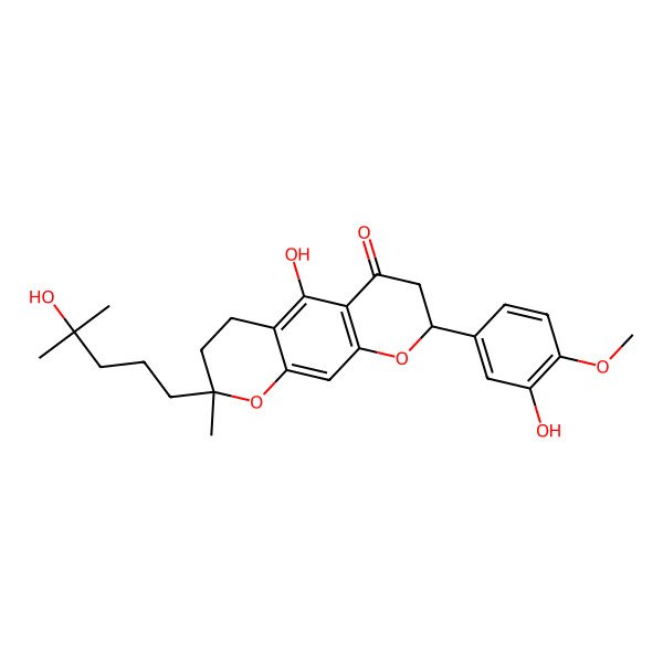 2D Structure of (8S)-5-hydroxy-8-(3-hydroxy-4-methoxyphenyl)-2-(4-hydroxy-4-methylpentyl)-2-methyl-3,4,7,8-tetrahydropyrano[3,2-g]chromen-6-one