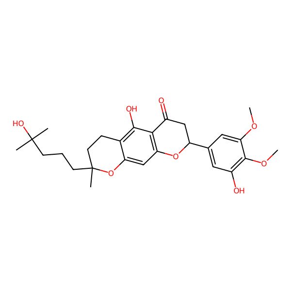 2D Structure of (8S)-5-hydroxy-8-(3-hydroxy-4,5-dimethoxyphenyl)-2-(4-hydroxy-4-methylpentyl)-2-methyl-3,4,7,8-tetrahydropyrano[3,2-g]chromen-6-one