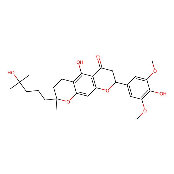 2D Structure of (8S)-5-hydroxy-8-(4-hydroxy-3,5-dimethoxyphenyl)-2-(4-hydroxy-4-methylpentyl)-2-methyl-3,4,7,8-tetrahydropyrano[3,2-g]chromen-6-one