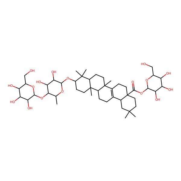 2D Structure of [(2S,3R,4S,5S,6R)-3,4,5-trihydroxy-6-(hydroxymethyl)oxan-2-yl] (4aS,6aR,6bR,8aR,10S,12aR,14bS)-10-[(2R,3R,4R,5R,6R)-3,4-dihydroxy-6-methyl-5-[(2S,3R,4S,5S,6R)-3,4,5-trihydroxy-6-(hydroxymethyl)oxan-2-yl]oxyoxan-2-yl]oxy-2,2,6b,9,9,12a-hexamethyl-3,4,5,6,6a,7,8,8a,10,11,12,13,14,14b-tetradecahydro-1H-picene-4a-carboxylate