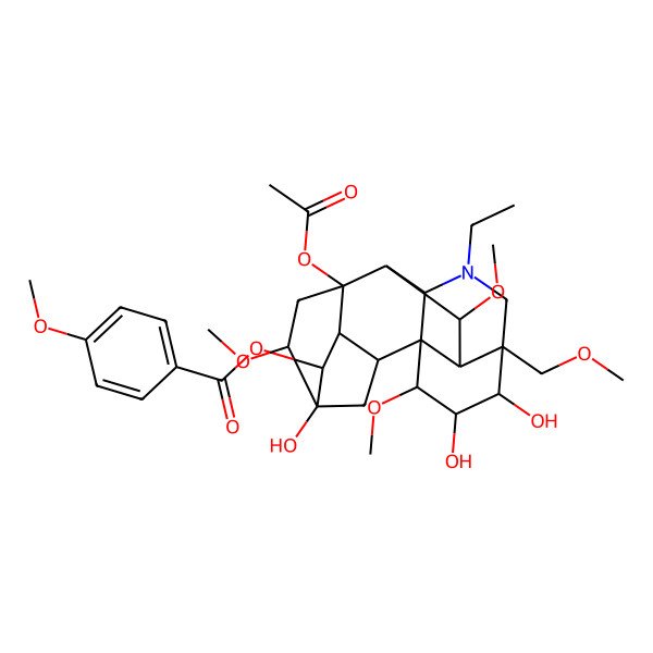2D Structure of [(1S,2R,3R,4R,5S,6S,8R,9R,10R,13R,14S,15R,16R,17S,18R)-8-acetyloxy-11-ethyl-5,14,15-trihydroxy-6,16,18-trimethoxy-13-(methoxymethyl)-11-azahexacyclo[7.7.2.12,5.01,10.03,8.013,17]nonadecan-4-yl] 4-methoxybenzoate