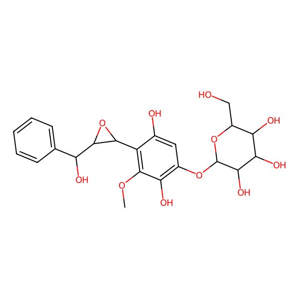 2D Structure of (2S,3R,4S,5S,6R)-2-[2,5-dihydroxy-4-[(2S,3S)-3-[(S)-hydroxy(phenyl)methyl]oxiran-2-yl]-3-methoxyphenoxy]-6-(hydroxymethyl)oxane-3,4,5-triol