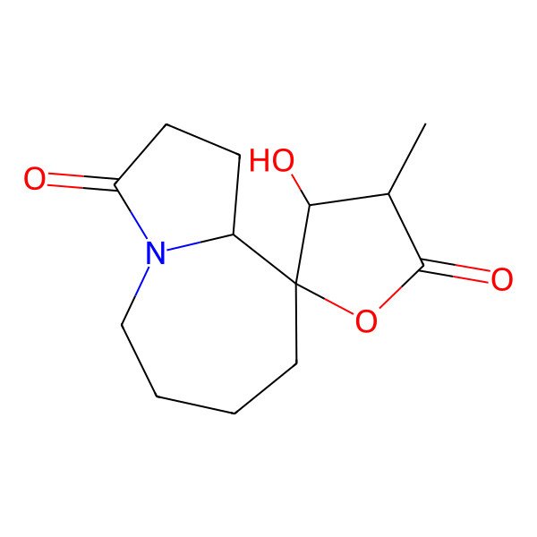 2D Structure of (3'S,4'S,9S,9aS)-4'-hydroxy-3'-methylspiro[2,5,6,7,8,9a-hexahydro-1H-pyrrolo[1,2-a]azepine-9,5'-oxolane]-2',3-dione