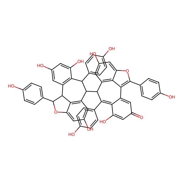 2D Structure of (9R)-6,12-dihydroxy-8,16-bis(4-hydroxyphenyl)-9-[(1R,8R,9S,16R)-4,6,12-trihydroxy-8,16-bis(4-hydroxyphenyl)-15-oxatetracyclo[8.6.1.02,7.014,17]heptadeca-2(7),3,5,10(17),11,13-hexaen-9-yl]-15-oxatetracyclo[8.6.1.02,7.014,17]heptadeca-1(16),2,5,7,10(17),11,13-heptaen-4-one
