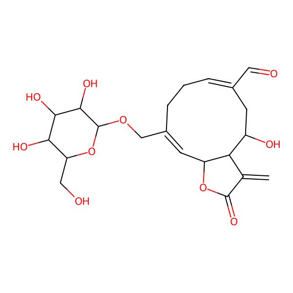 2D Structure of (3aR,4S,6E,10Z,11aR)-4-hydroxy-3-methylidene-2-oxo-10-[[(2R,3R,4S,5S,6R)-3,4,5-trihydroxy-6-(hydroxymethyl)oxan-2-yl]oxymethyl]-3a,4,5,8,9,11a-hexahydrocyclodeca[b]furan-6-carbaldehyde