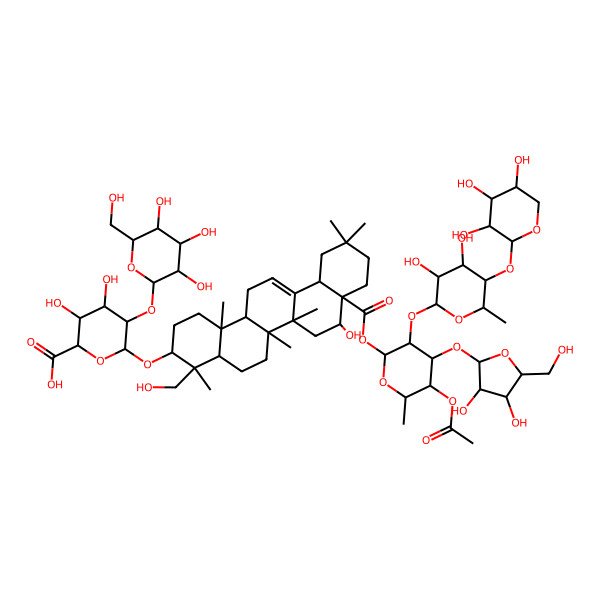2D Structure of (2S,3S,4S,5R,6R)-6-[[(3S,4R,4aR,6aR,6bS,8R,8aR,12aS,14aR,14bR)-8a-[(2S,3R,4S,5S,6R)-5-acetyloxy-4-[(2S,3S,4S,5R)-3,4-dihydroxy-5-(hydroxymethyl)oxolan-2-yl]oxy-3-[(2S,3R,4S,5R,6S)-3,4-dihydroxy-6-methyl-5-[(2S,3R,4S,5R)-3,4,5-trihydroxyoxan-2-yl]oxyoxan-2-yl]oxy-6-methyloxan-2-yl]oxycarbonyl-8-hydroxy-4-(hydroxymethyl)-4,6a,6b,11,11,14b-hexamethyl-1,2,3,4a,5,6,7,8,9,10,12,12a,14,14a-tetradecahydropicen-3-yl]oxy]-3,4-dihydroxy-5-[(2S,3R,4S,5R,6R)-3,4,5-trihydroxy-6-(hydroxymethyl)oxan-2-yl]oxyoxane-2-carboxylic acid