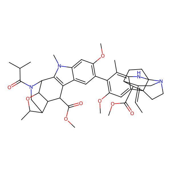 2D Structure of methyl (2R,5R,6S,8S,9S,10R)-14-[(1R,9S,12R,13Z,18R)-13-ethylidene-4-methoxy-18-methoxycarbonyl-6-methyl-8,15-diazapentacyclo[10.5.1.01,9.02,7.09,15]octadeca-2,4,6-trien-5-yl]-15-methoxy-6,18-dimethyl-3-(2-methylpropanoyl)-7-oxa-3,18-diazapentacyclo[9.7.0.02,8.05,9.012,17]octadeca-1(11),12,14,16-tetraene-10-carboxylate