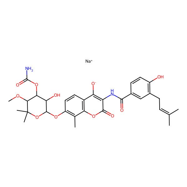 2D Structure of Sodium;7-(4-carbamoyloxy-3-hydroxy-5-methoxy-6,6-dimethyloxan-2-yl)oxy-3-[[4-hydroxy-3-(3-methylbut-2-enyl)benzoyl]amino]-8-methyl-2-oxochromen-4-olate