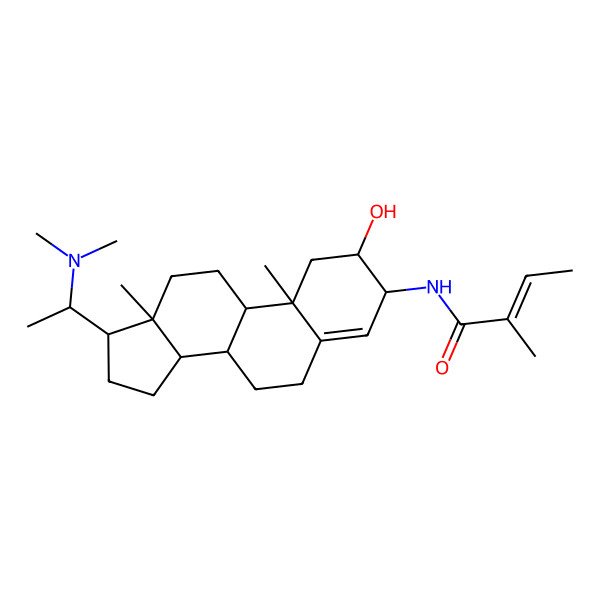 2D Structure of (E)-N-[(2S,3R,8S,9S,10R,13S,14S,17S)-17-[(1S)-1-(dimethylamino)ethyl]-2-hydroxy-10,13-dimethyl-2,3,6,7,8,9,11,12,14,15,16,17-dodecahydro-1H-cyclopenta[a]phenanthren-3-yl]-2-methylbut-2-enamide
