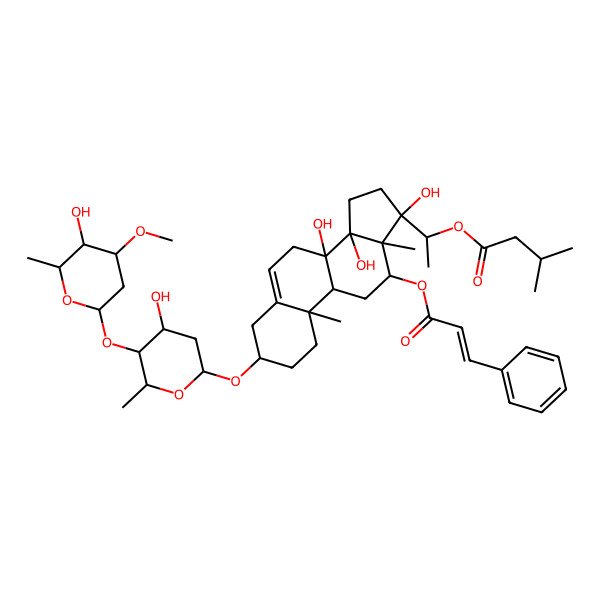 2D Structure of [(1S)-1-[(3S,8S,9R,10R,12R,13R,14R,17S)-8,14,17-trihydroxy-3-[(2R,4S,5S,6R)-4-hydroxy-5-[(2S,4R,5R,6R)-5-hydroxy-4-methoxy-6-methyloxan-2-yl]oxy-6-methyloxan-2-yl]oxy-10,13-dimethyl-12-[(E)-3-phenylprop-2-enoyl]oxy-1,2,3,4,7,9,11,12,15,16-decahydrocyclopenta[a]phenanthren-17-yl]ethyl] 3-methylbutanoate