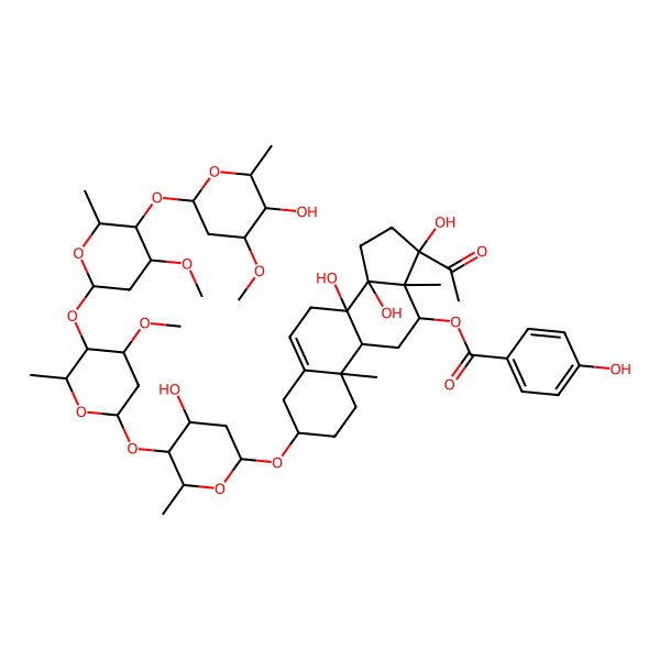 2D Structure of [(3S,8S,9R,10R,12R,13S,14R,17S)-17-acetyl-8,14,17-trihydroxy-3-[(2R,4S,5S,6R)-4-hydroxy-5-[(2S,4R,5R,6R)-5-[(2S,4R,5S,6S)-5-[(2S,4S,5R,6R)-5-hydroxy-4-methoxy-6-methyloxan-2-yl]oxy-4-methoxy-6-methyloxan-2-yl]oxy-4-methoxy-6-methyloxan-2-yl]oxy-6-methyloxan-2-yl]oxy-10,13-dimethyl-1,2,3,4,7,9,11,12,15,16-decahydrocyclopenta[a]phenanthren-12-yl] 4-hydroxybenzoate