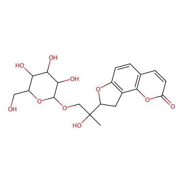2D Structure of (8S)-8-[2-hydroxy-1-[(2R,3R,4S,5S,6R)-3,4,5-trihydroxy-6-(hydroxymethyl)oxan-2-yl]oxypropan-2-yl]-8,9-dihydrofuro[2,3-h]chromen-2-one