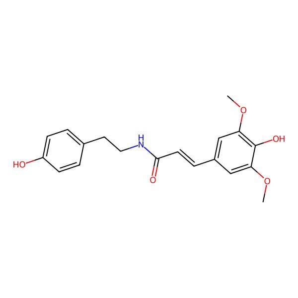 2D Structure of (Z)-3-(4-hydroxy-3,5-dimethoxyphenyl)-N-[2-(4-hydroxyphenyl)ethyl]prop-2-enamide