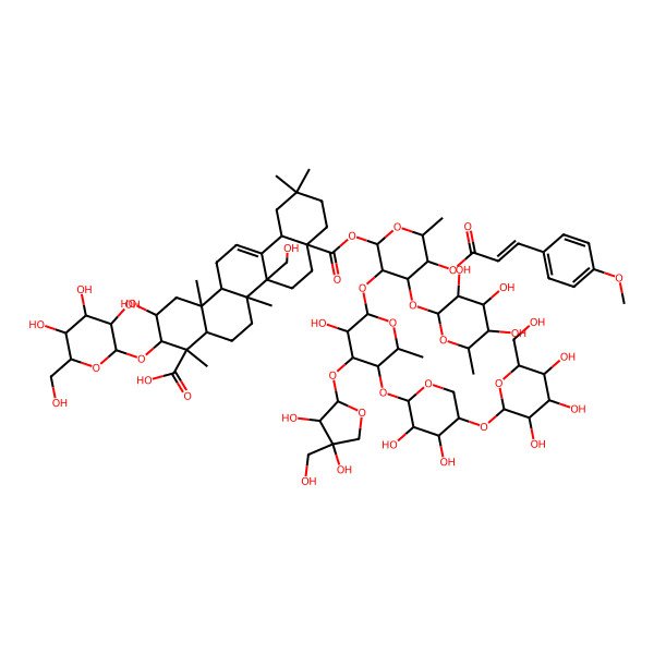 2D Structure of (2S,3R,4S,4aR,6aR,6bR,8aS,12aS,14aR,14bR)-8a-[(2S,3R,4S,5S,6R)-3-[(2S,3R,4S,5S,6S)-4-[(2S,3R,4R)-3,4-dihydroxy-4-(hydroxymethyl)oxolan-2-yl]oxy-5-[(2S,3R,4R,5R)-3,4-dihydroxy-5-[(2S,3R,4S,5R,6R)-3,4,5-trihydroxy-6-(hydroxymethyl)oxan-2-yl]oxyoxan-2-yl]oxy-3-hydroxy-6-methyloxan-2-yl]oxy-5-[(Z)-3-(4-methoxyphenyl)prop-2-enoyl]oxy-6-methyl-4-[(2S,3R,4R,5R,6S)-3,4,5-trihydroxy-6-methyloxan-2-yl]oxyoxan-2-yl]oxycarbonyl-2-hydroxy-6b-(hydroxymethyl)-4,6a,11,11,14b-pentamethyl-3-[(2R,3R,4S,5S,6R)-3,4,5-trihydroxy-6-(hydroxymethyl)oxan-2-yl]oxy-1,2,3,4a,5,6,7,8,9,10,12,12a,14,14a-tetradecahydropicene-4-carboxylic acid