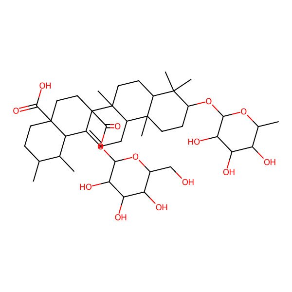 2D Structure of (1S,2R,4aS,6aR,6aR,6bR,8aR,10S,12aR,14bS)-1,2,6b,9,9,12a-hexamethyl-6a-[(2S,3R,4S,5S,6R)-3,4,5-trihydroxy-6-(hydroxymethyl)oxan-2-yl]oxycarbonyl-10-[(2R,3R,4S,5S,6R)-3,4,5-trihydroxy-6-methyloxan-2-yl]oxy-2,3,4,5,6,6a,7,8,8a,10,11,12,13,14b-tetradecahydro-1H-picene-4a-carboxylic acid