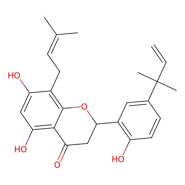 2D Structure of (-)-(2S)-5,7,2'-trihydroxy-5'-(1''',1'''-dimethylallyl)-8-prenylflavanone