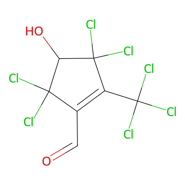 2D Structure of (+)-4-Hydroxy-3,3,5,5-tetrachloro-2-(trichloromethyl)-1-cyclopentene-1-carboxaldehyde