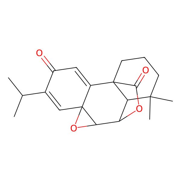 2D Structure of (+)-(5S,6S,7S,8R,10R)-6-hydroxy-7,8-epoxy-12-oxo-abieta-9(11),13-dien-20-oic acid 6,20-lactone 2D Structure of (+)-(5S,6S,7S,8R,10R)-6-hydroxy-7,8-epoxy-12-oxo-abieta-9(11),13-dien-20-oic acid 6,20-lactone