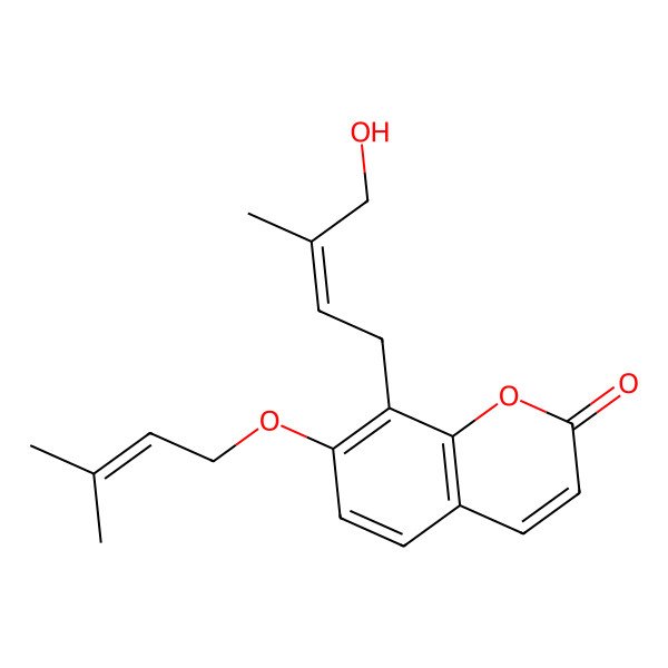 2D Structure of (+)-7-(3-Methylbut-2-enyloxy)-8-(4-hydroxy-3-methylbut-2-enyl)coumarin 2D Structure of (+)-7-(3-Methylbut-2-enyloxy)-8-(4-hydroxy-3-methylbut-2-enyl)coumarin