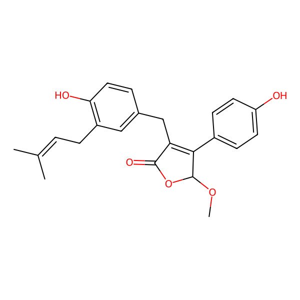2D Structure of 4-[[4-hydroxy-3-(3-methylbut-2-enyl)phenyl]methyl]-3-(4-hydroxyphenyl)-2-methoxy-2H-furan-5-one