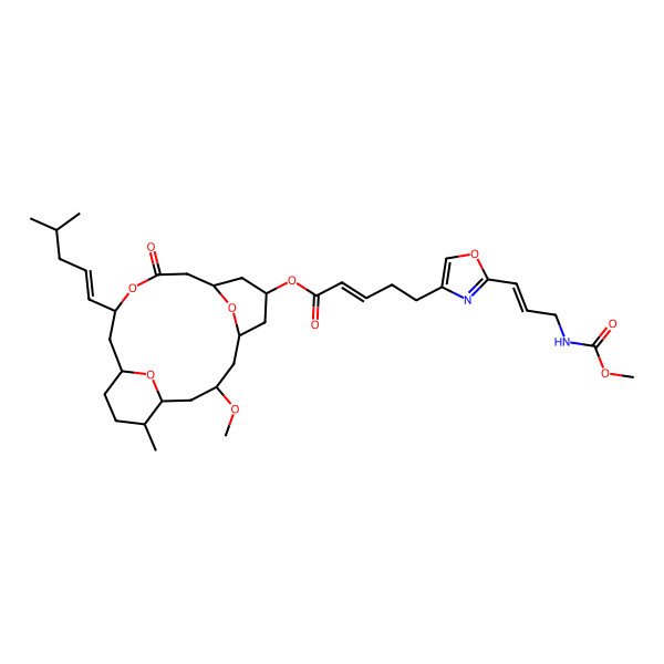 2D Structure of (1R,3S,5R,7R,9R,13R,15S,18S)-3-Methoxy-18-methyl-13-[(1E)-4-methylpent-1-enyl]-11-oxo-12,19,20-trioxatricyclo[13.3.1.15,9]icos-7-yl (2Z)-5-(2-{(1Z)-3-[(methoxycarbonyl)amino]prop-1-enyl}-1,3-oxazol-4-yl)pent-2-enoate
