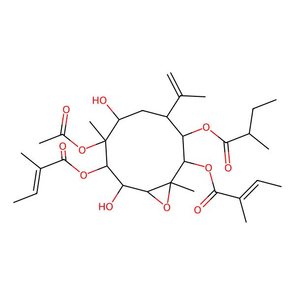 2D Structure of [7-Acetyloxy-6,9-dihydroxy-1,7-dimethyl-2,8-bis(2-methylbut-2-enoyloxy)-4-prop-1-en-2-yl-11-oxabicyclo[8.1.0]undecan-3-yl] 2-methylbutanoate