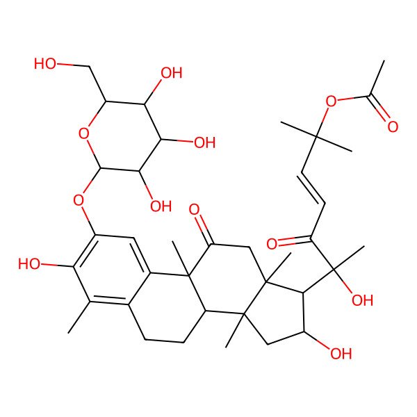 2D Structure of [(E,6R)-6-[(8S,9R,13R,14S,16R,17R)-3,16-dihydroxy-4,9,13,14-tetramethyl-11-oxo-2-[(2S,3R,4S,5S,6R)-3,4,5-trihydroxy-6-(hydroxymethyl)oxan-2-yl]oxy-7,8,12,15,16,17-hexahydro-6H-cyclopenta[a]phenanthren-17-yl]-6-hydroxy-2-methyl-5-oxohept-3-en-2-yl] acetate